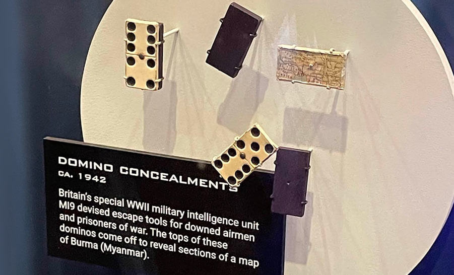 A set of dominoes featuring a hidden tools compartment on display at the spy museum